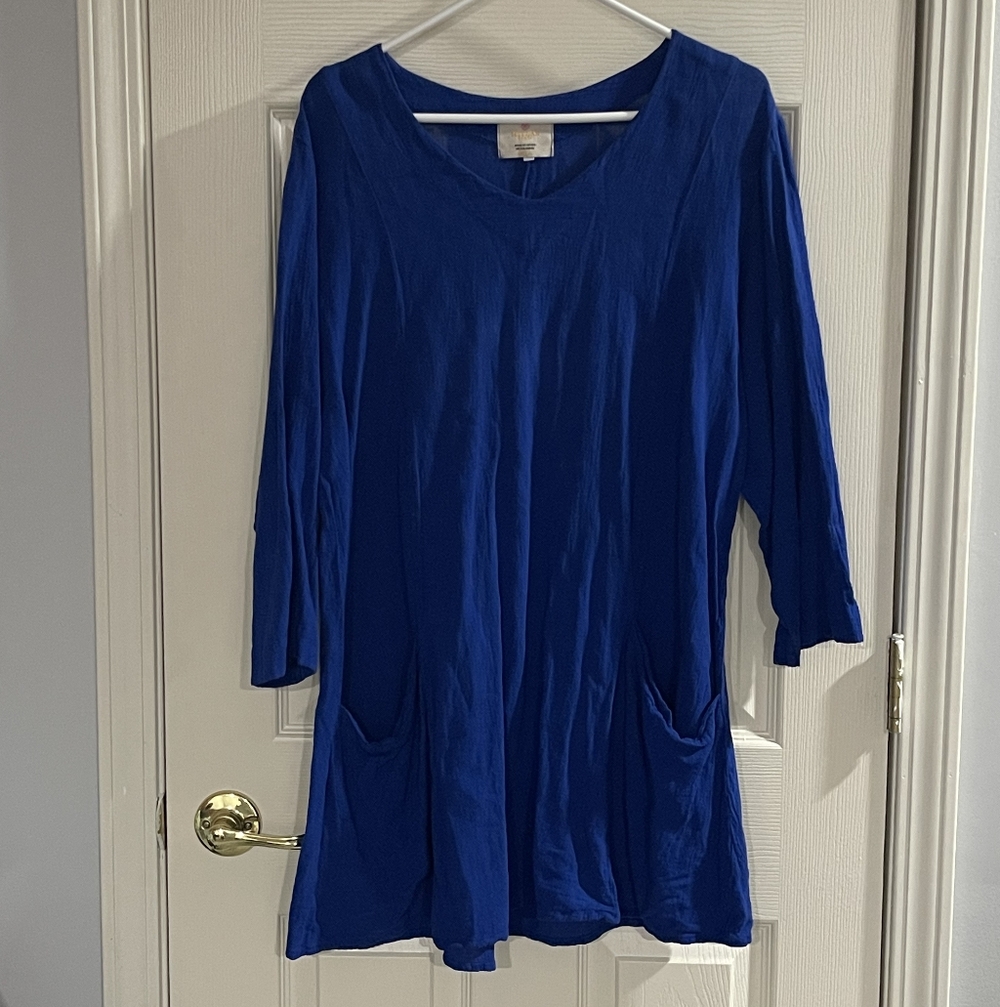 Mitla's Gauze Made In‎ Mexico 100% Cotton Blue Long Sleeve Pocket Tunic Dress OS